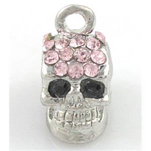 Skull charm, alloy pendant whit rhinestone, platinum plated, 9x14mm