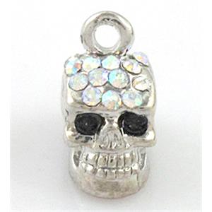 Skull pendant, alloy, platinum plated, AB-color Rhinestone, 9x14mm
