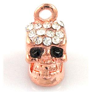 Skull charm, alloy pendant with rhinestone, red copper, 9x14mm
