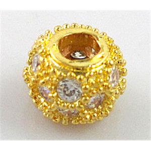 alloy bead with zircon, rondelle, gold plated, 10mm, 4mm hole