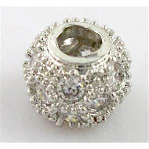 alloy bead with zircon, rondelle, platinum plated, 10mm, 4mm hole