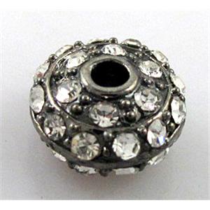 alloy bead with rhinestone, rondelle, black, 12mm dia, 2.5mm hole