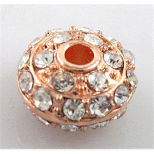 alloy bead with rhinestone, rondelle, red copper, 12mm dia, 2.5mm hole