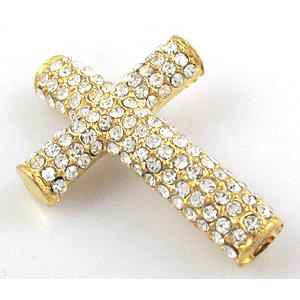 bracelet bar, cross with rhinestone, alloy bead, gold, 27x40mm
