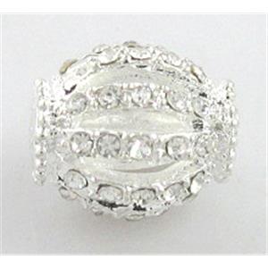 Alloy bead with rhinestone, silver plated, 12x14mm,2mm hole