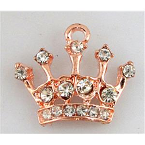 Crown charm with rhinestone, alloy pendant, red copper, 20x16mm