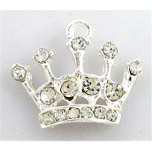 Crown charm with rhinestone, alloy pendant, silver plated, 20x16mm