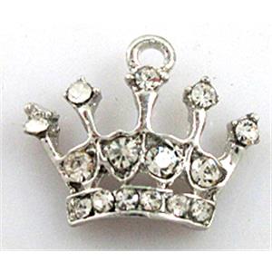 Crown charm with rhinestone, alloy pendant, platinum plated, 20x16mm
