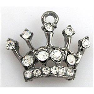 Crown charm with rhinestone, alloy pendant, black, 20x16mm