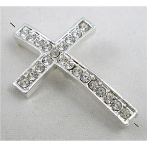 bracelet bar, cross with rhinestone, alloy bead, silver, approx 20x30mm