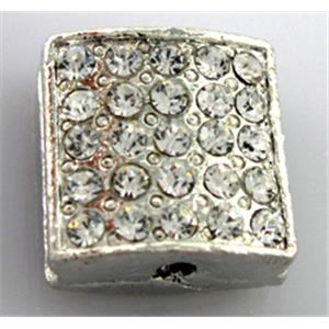 bracelet spacer, alloy bead with rhinestone, platinum plated, 14x14mm, 2.5mm hole