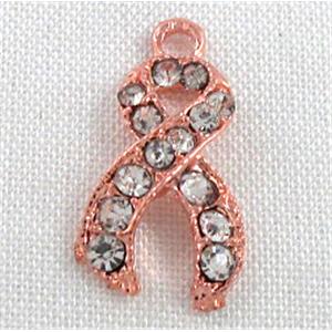 cancer awareness ribbon, alloy pendant with rhinestone, red copper, 10x18mm