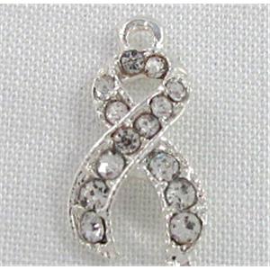 cancer awareness ribbon, alloy pendant with rhinestone, silver plated, 10x18mm