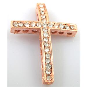 bracelet spacer, alloy cross with rhinestone, red copper, 25x35mm