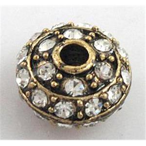 alloy bead with rhinestone, rondelle, antique gold, 12mm dia, 2.5mm hole