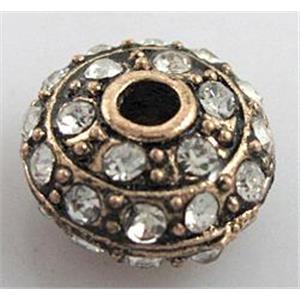 alloy bead with rhinestone, rondelle, antique red copper, 12mm dia, 2.5mm hole