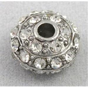 alloy bead with rhinestone, rondelle, platinum plalted, 12mm dia, 2.5mm hole