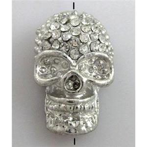 Skull charm, bracelet spacer, alloy bead with rhinestone, platinum plated, 15x24mm