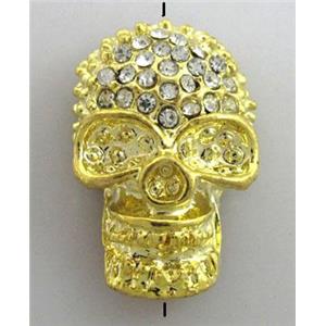 Skull charm, bracelet spacer, alloy bead with rhinestone, gold plated, 15x24mm