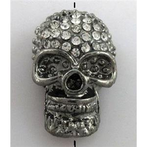Skull charm, bracelet spacer, alloy bead with rhinestone, black, 15x24mm