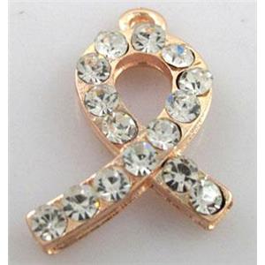 cancer awareness ribbon, alloy pendant with rhinestone, rose-gold plated, approx 12x26mm
