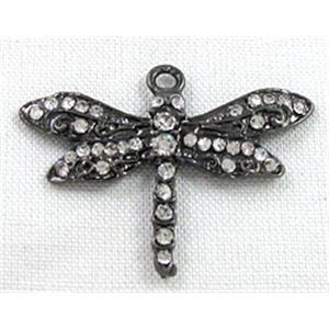 alloy pendant with rhinestone, black, dragonfly, 32x25mm