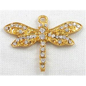 alloy pendant with rhinestone, gold, dragonfly, 32x25mm