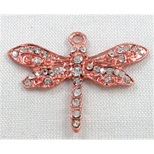 alloy pendant with rhinestone, red copper plated, dragonfly, 32x25mm