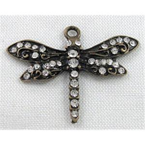 alloy pendant with rhinestone, bronze, dragonfly, 32x25mm