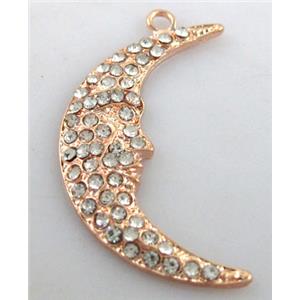 alloy pendant with rhinestone, moon, red copper, 22x40mm