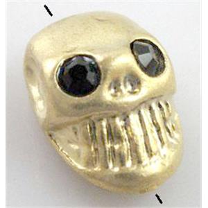 skull charm for bracelet, alloy bead with rhinestone, duck gold, 10.5x15.5mm, 2mm hole