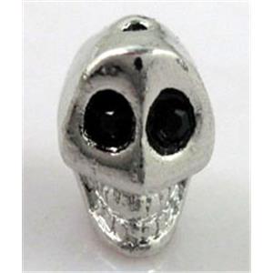 skull charm for bracelet, alloy bead with rhinestone, platinum plated, 9x12x9.5mm, 1.8mm hole