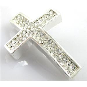 bracelet spacer, alloy cross with rhinestone, silver plated, 26x40mm, 3mm hole