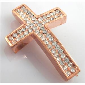 bracelet spacer, alloy cross with rhinestone, red copper plated, 26x40mm, 3mm hole