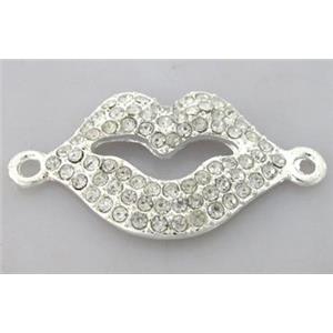 Bracelet bar, alloy connector with rhinestone, silver plated, 38x20mm