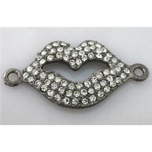 Bracelet bar, lip charm, alloy connector with rhinestone, black, 38x20mm