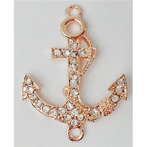 anchor charm, Bracelet bar, alloy connector with rhinestone, red copper, 27x37mm