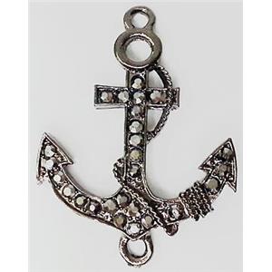 anchor charm, Bracelet bar, alloy connector with rhinestone, black, 38x20mm