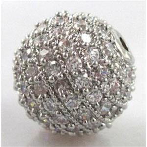 copper beads with zircon, platinum plated, round, 10mm dia, 2mm hole