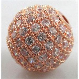 round copper beads with zircon, rose gold, 12mm dia, 2mm hole