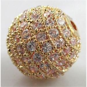 round copper beads with zircon, gold plated, 12mm dia, 2mm hole