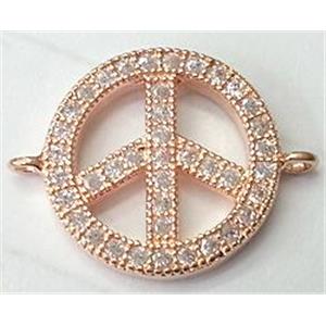 bracelet bar, connector, peace sign with zircon, red copper, 16mm dia