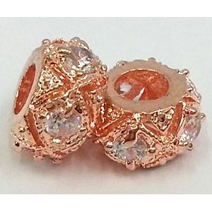 copper bead with zircon, red copper, 10mm dia, 4mm hole