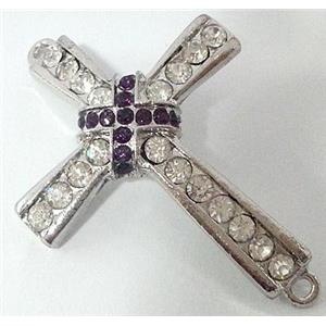 bracelet bar, cross, alloy bead with rhinestone, platinum plated, 34x50mm