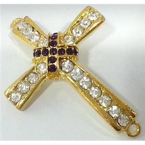 bracelet bar, cross, alloy bead with rhinestone, gold, 34x50mm