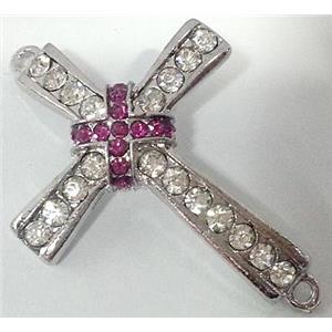 bracelet bar, cross, alloy bead with rhinestone, platinum plated, 34x50mm