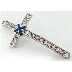 bracelet bar, cross, alloy bead with rhinestone, platinum plated, 24x50mm