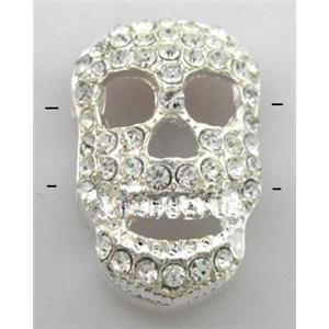 Bracelet bar, alloy bead with rhinestone, skull, silver plated, 13x20mm