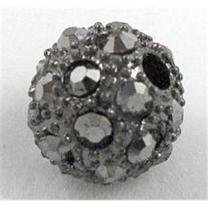 Alloy bead with rhinestone, round, 10mm dia, 2mm hole