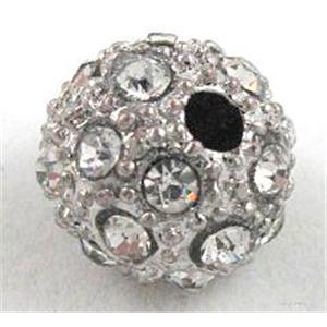 Alloy bead with rhinestone, round, 12mm dia, 2mm hole